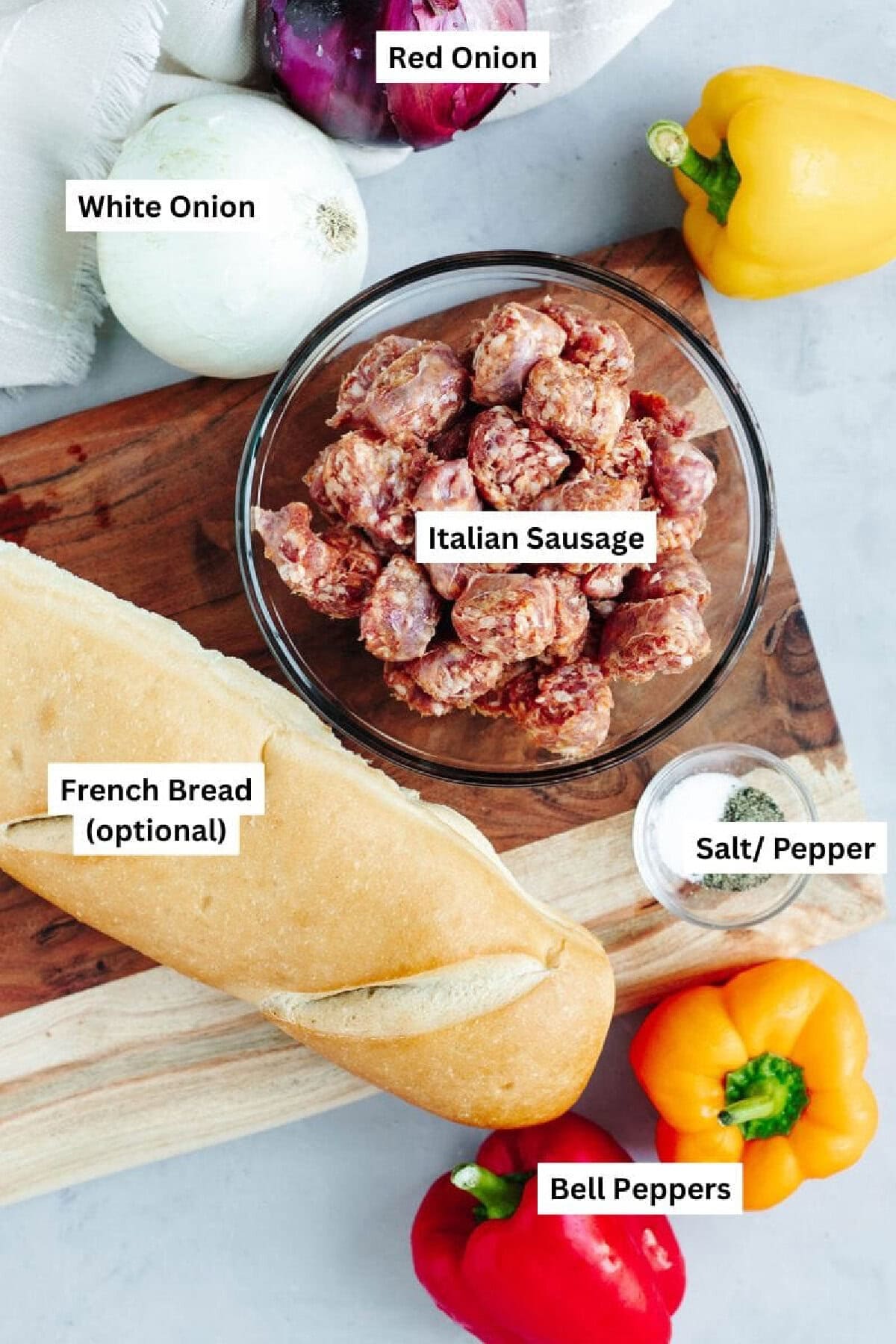 all the ingredients needed to make slow cooker sausage, peppers, and onions no sauce.