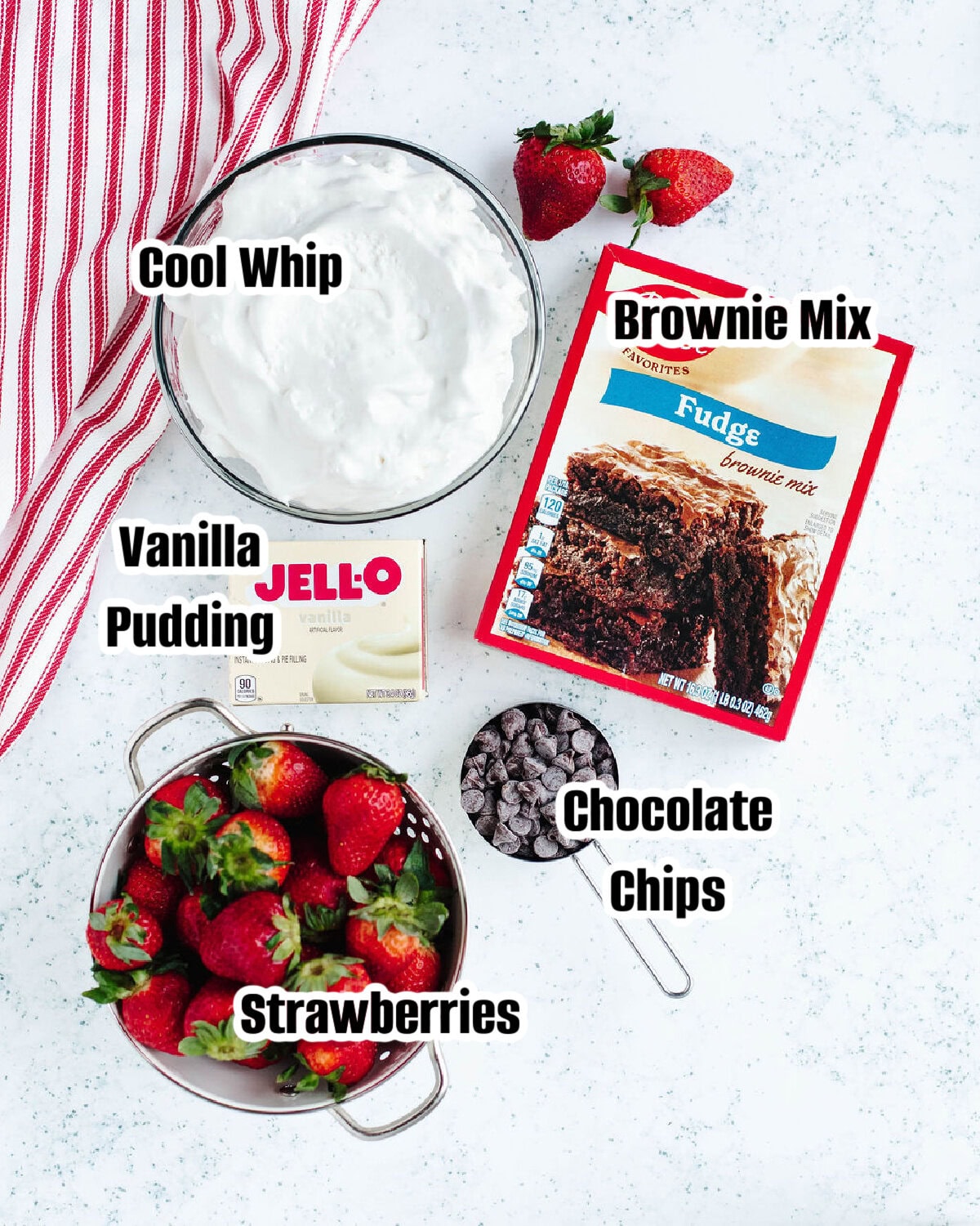 All the ingredients needed to make strawberry brownie trifle.