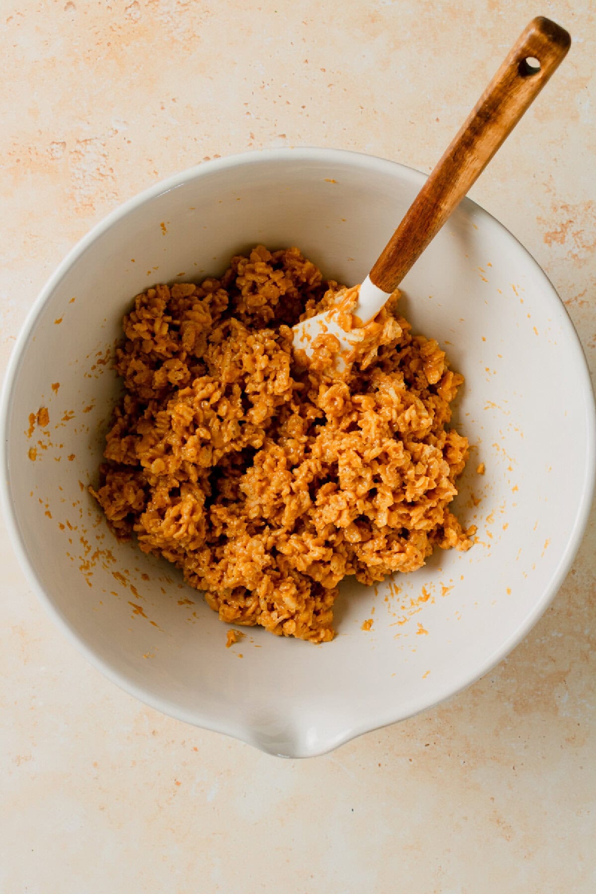 Rice krispie cereal coated in melted peanut butter mixture.