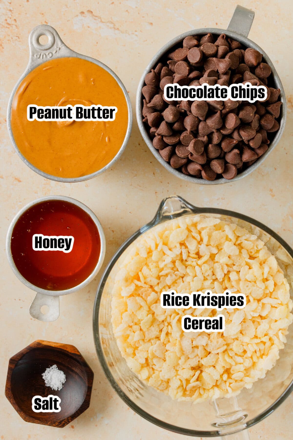 All the ingredients needed to make chocolate peanut butter rice krispie cups.