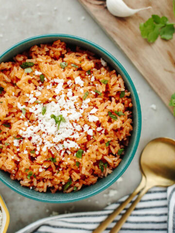 A top view of a bowl of Instant Pot Mexican rice.