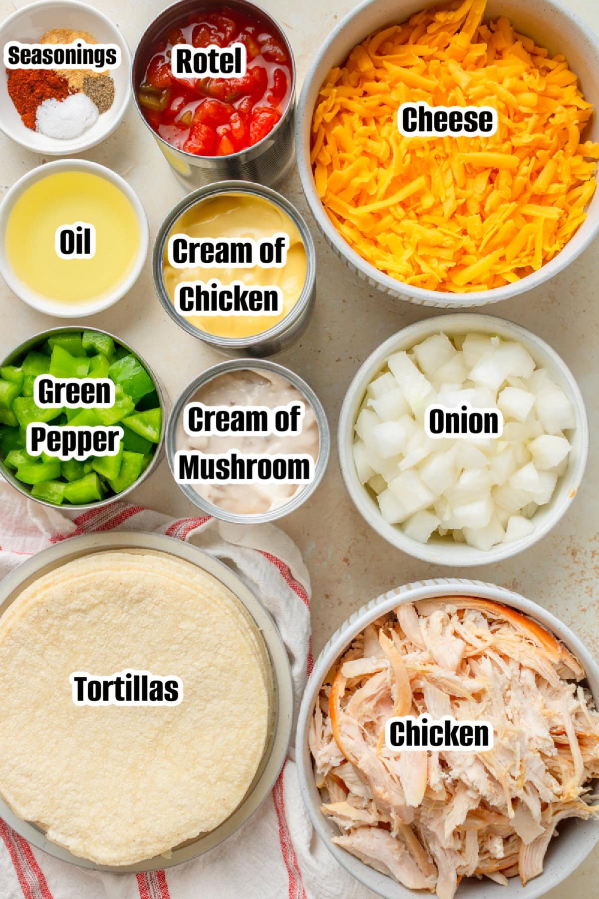 All the ingredients needed to make King Ranch Chicken Casserole.