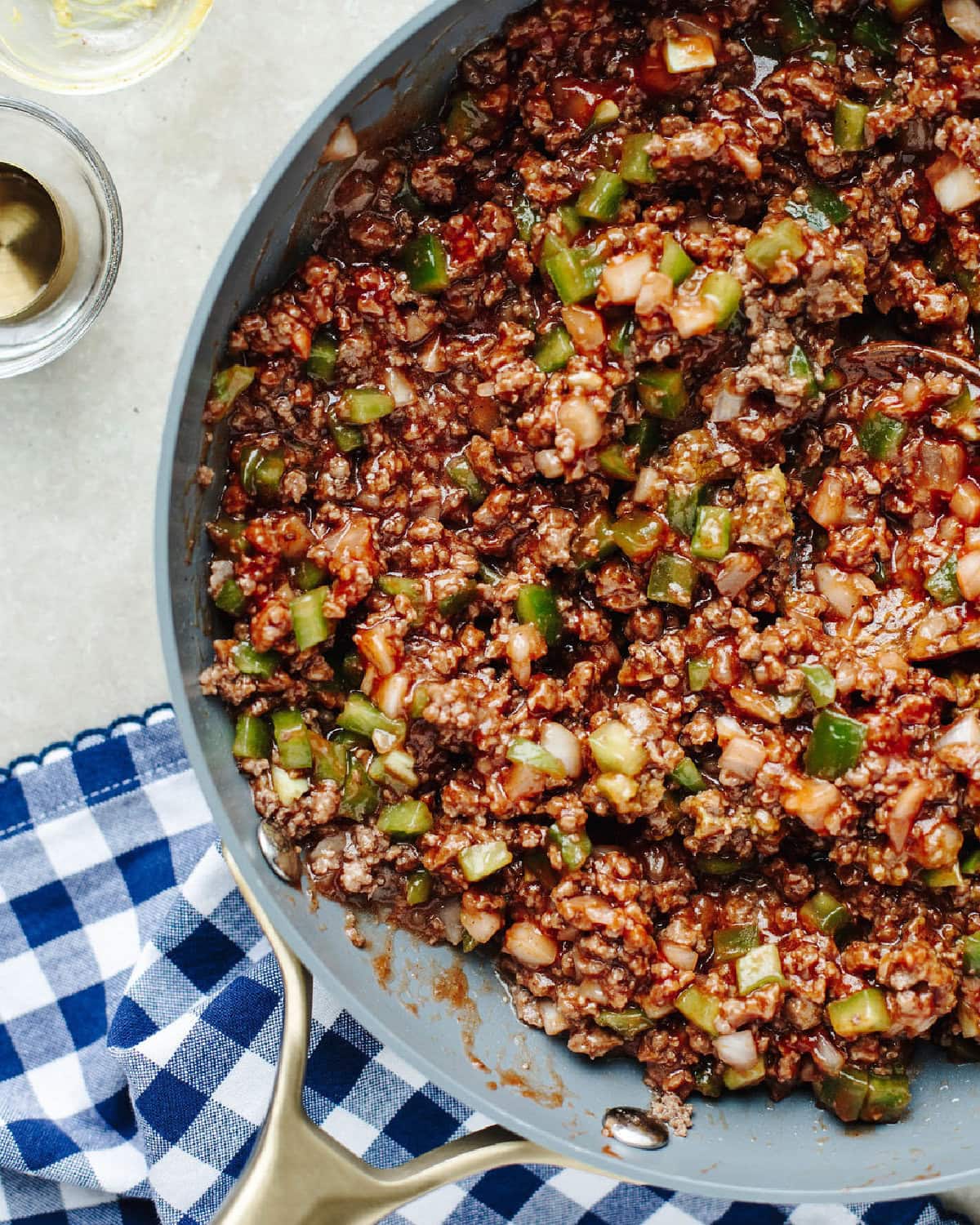 Sloppy joe mixture in a skillet ready to serve.