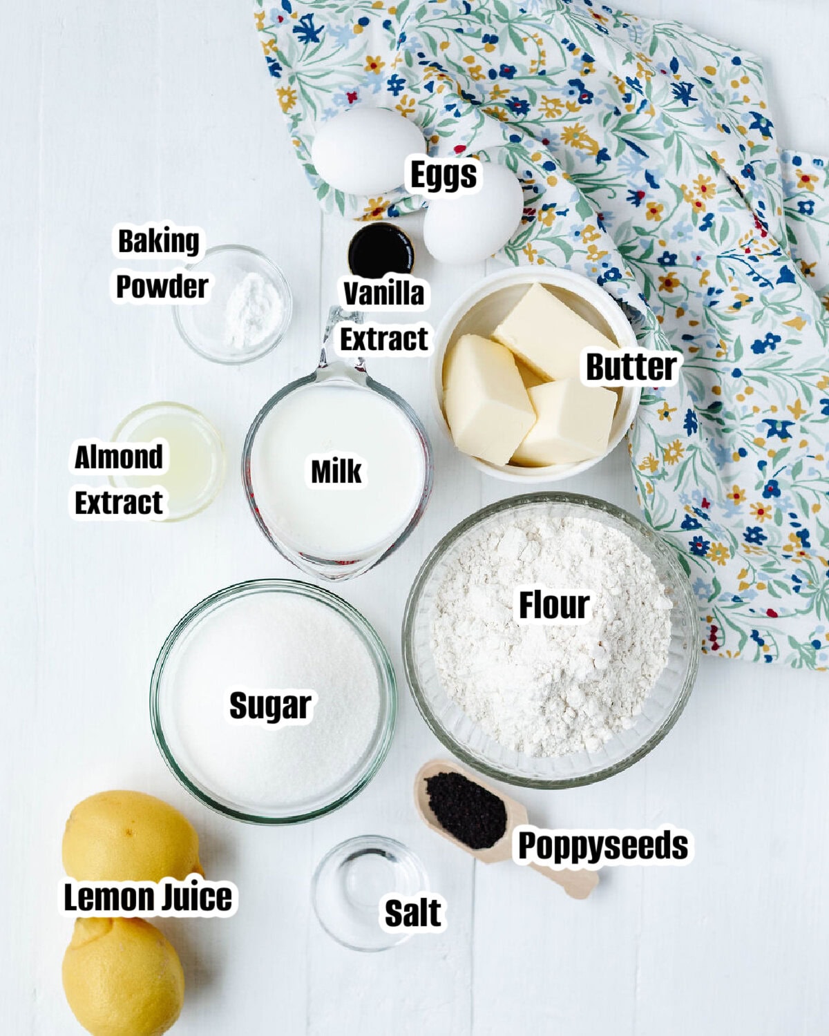 All the ingredients needed to make Lemon Poppyseed Bread.