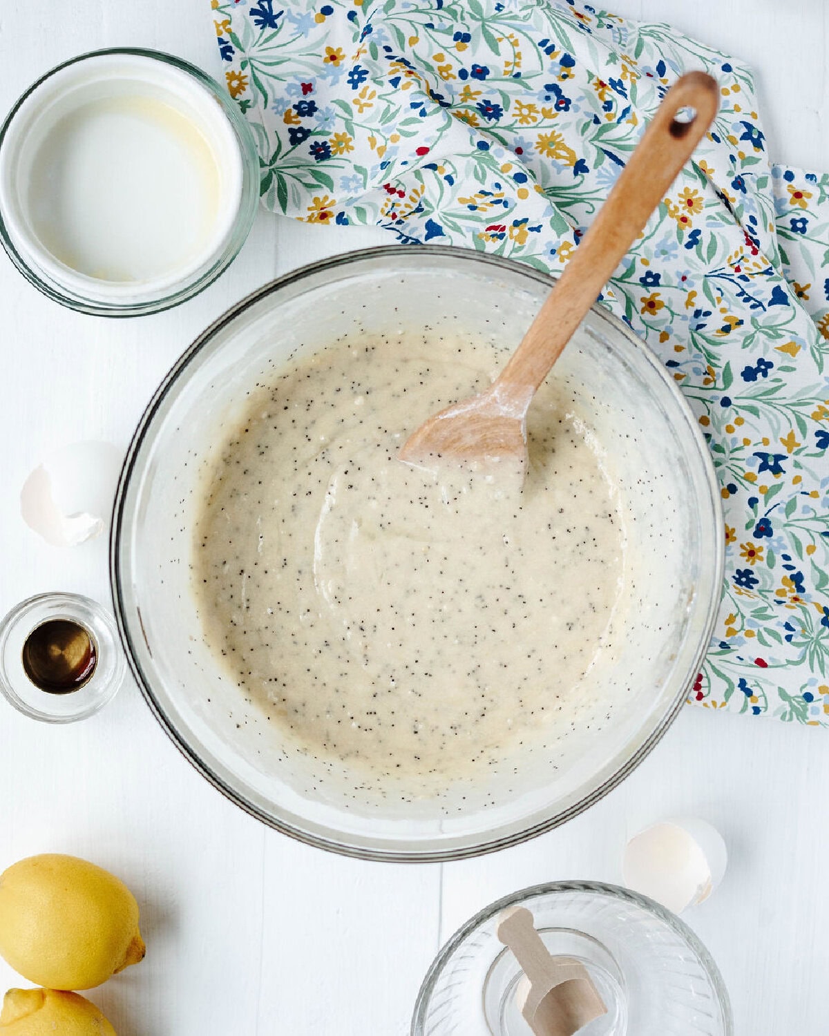 Quick bread batter combined in a glass mixing bowl.