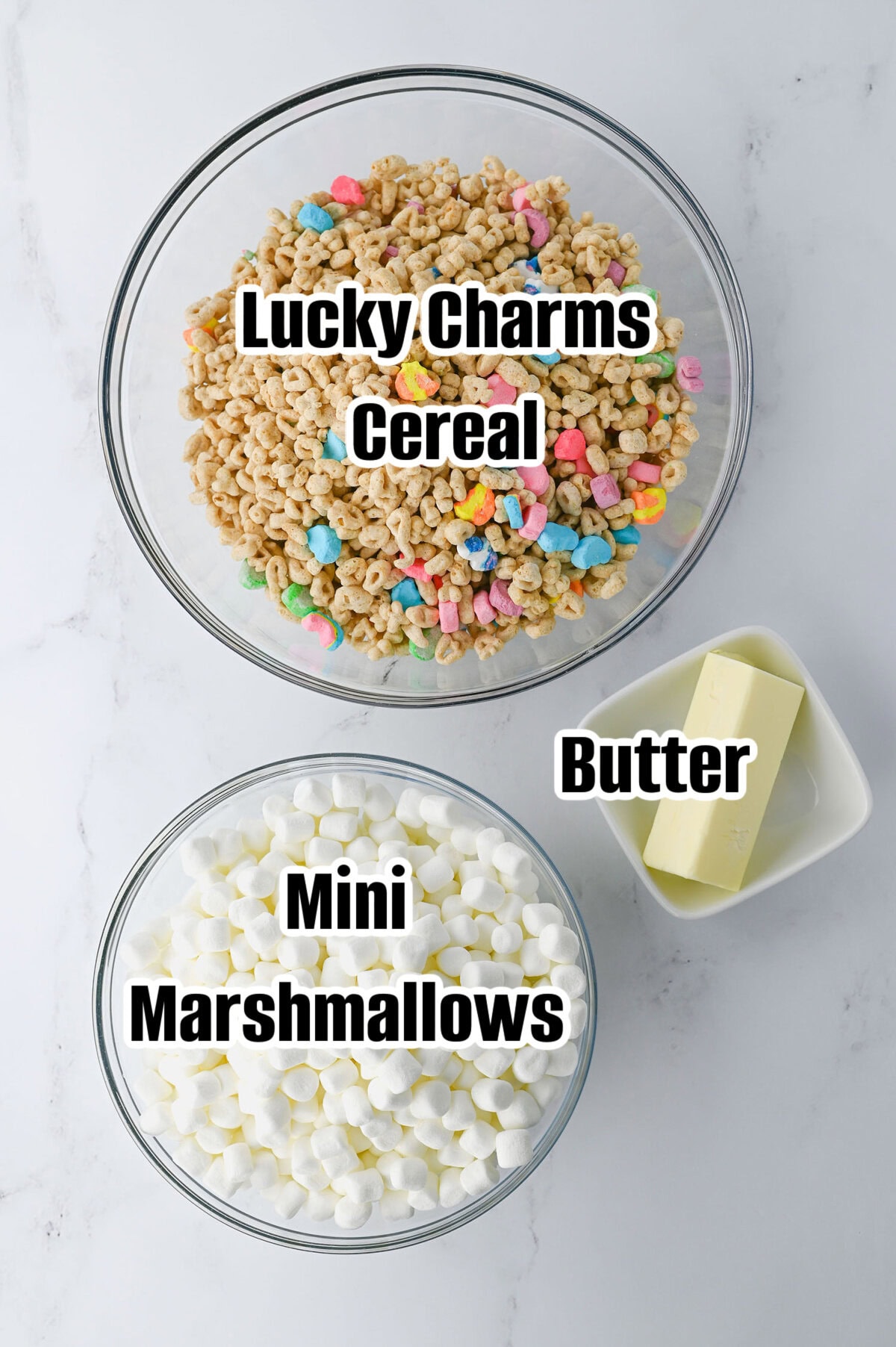 All the ingredients needed to make Lucky Charms Cereal Bars.