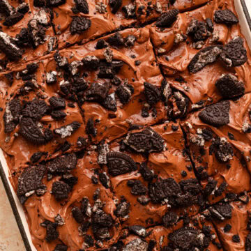 An up close look at oreo dirt cake in a baking pan.
