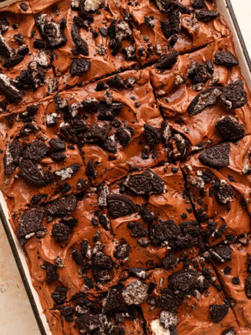 An up close look at oreo dirt cake in a baking pan.