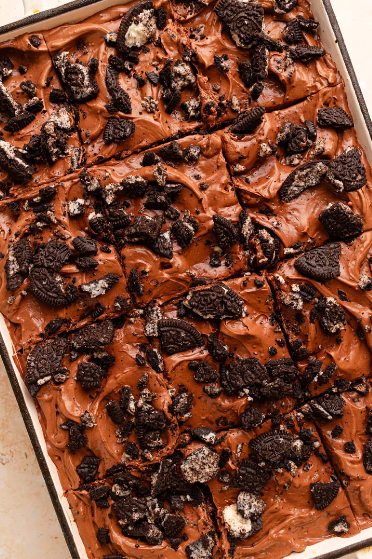 An up close look at oreo dirt cake in a baking pan.
