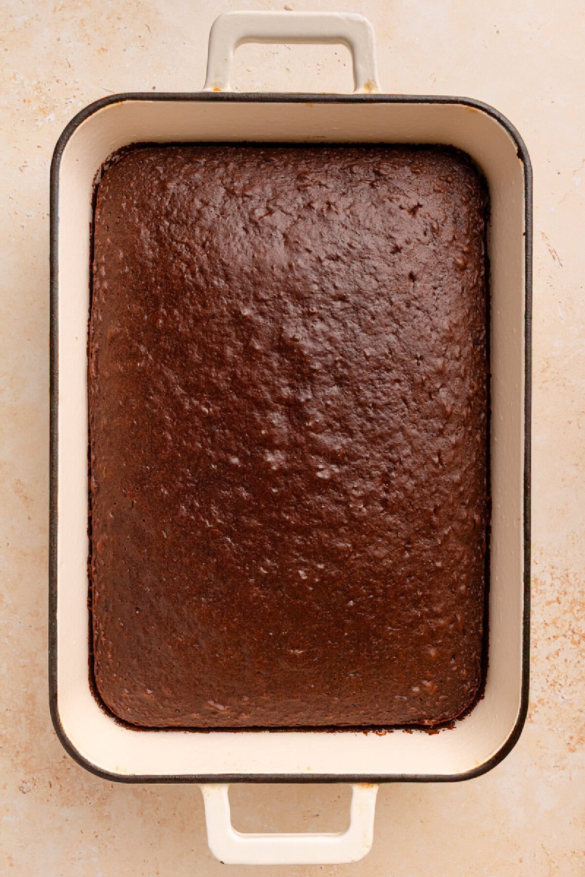 A baked chocolate cake in a baking pan.