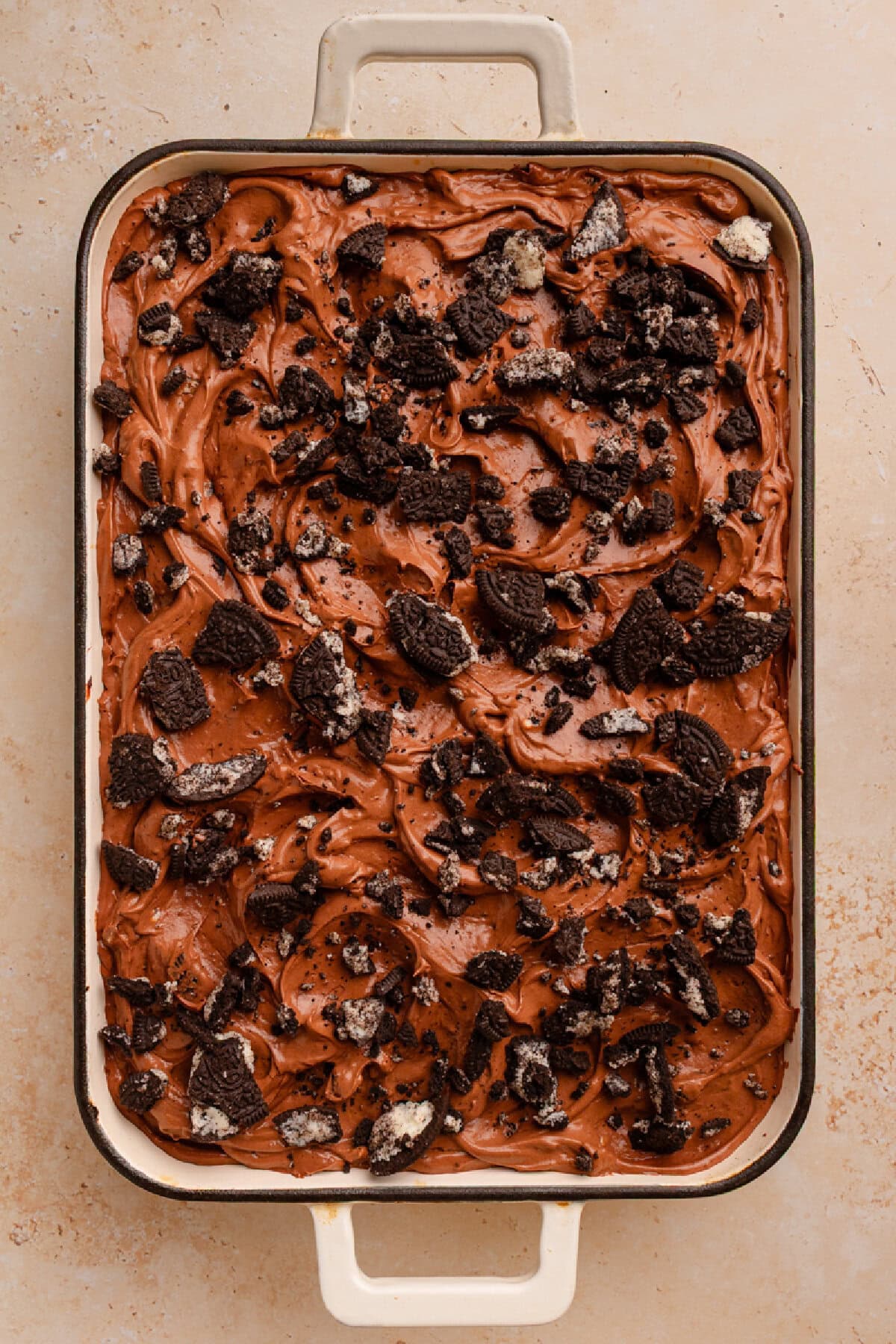 Oreo Dirt Cake assembled in a 9x13 baking pan and ready to serve.