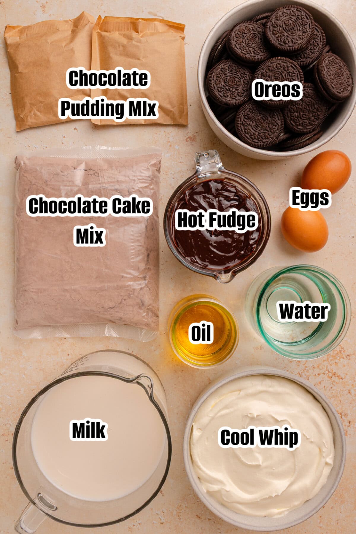 All the ingredients needed to make an Oreo Dirt Cake.