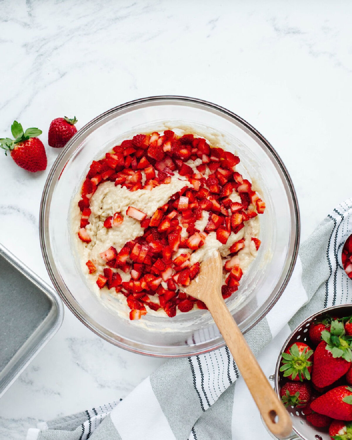 Chopped strawberries folded into the batter.