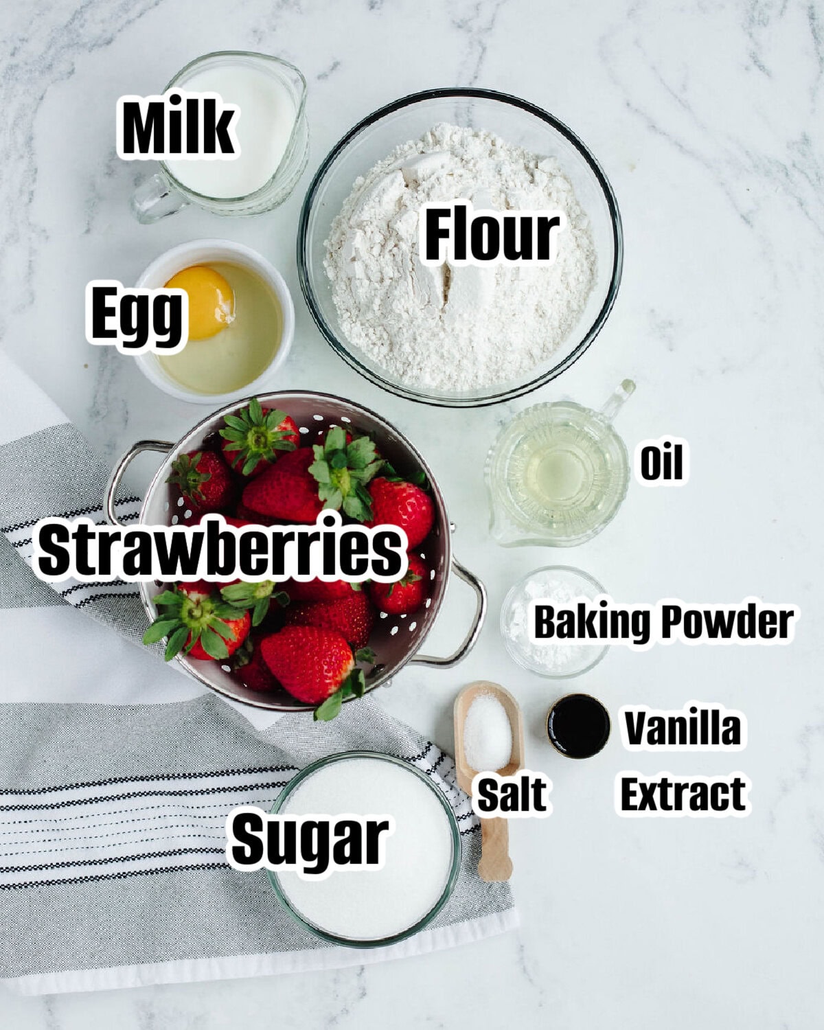 All the ingredients needed to make this strawberry bread recipe.
