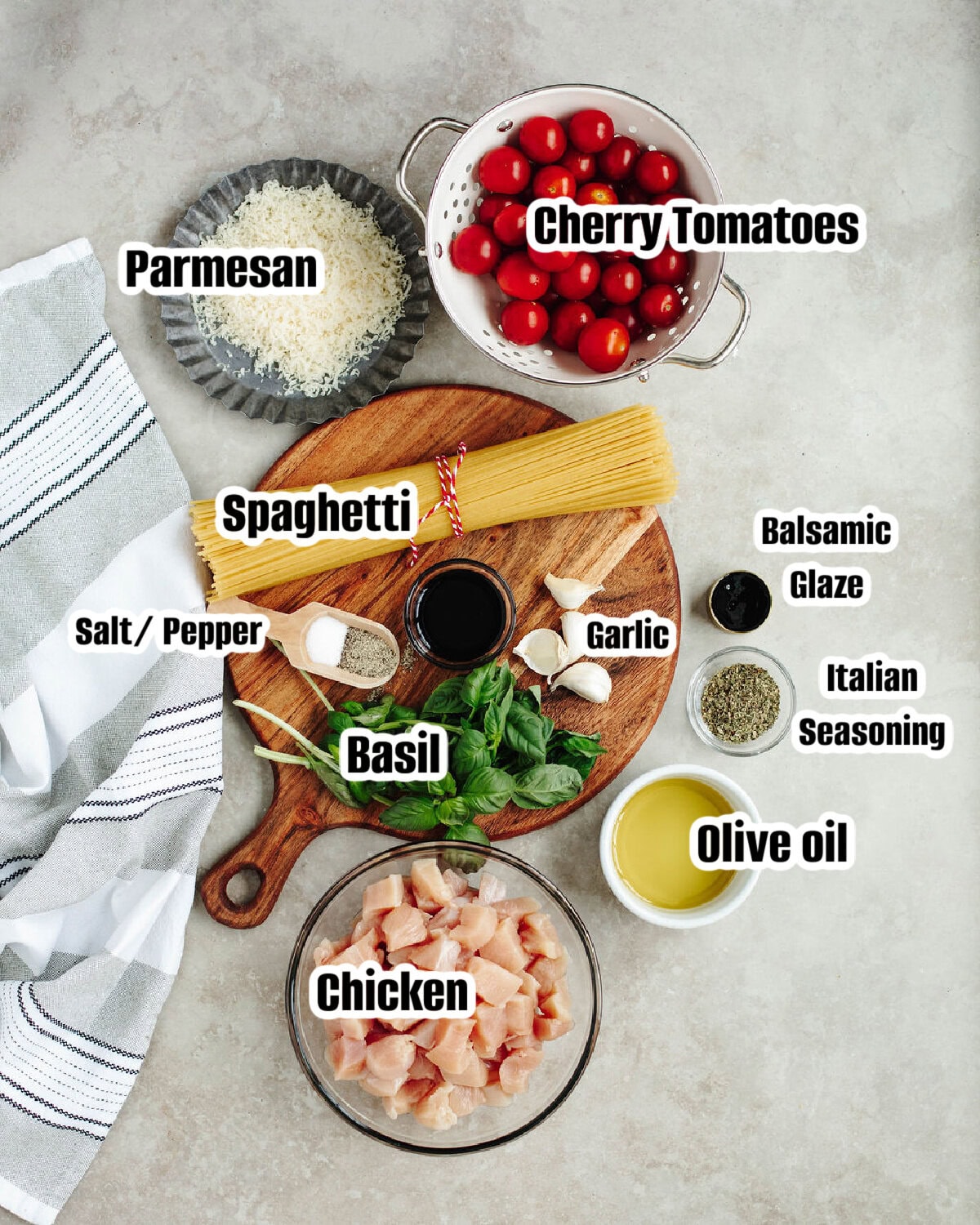All the ingredients needed to make Bruschetta chicken pasta.
