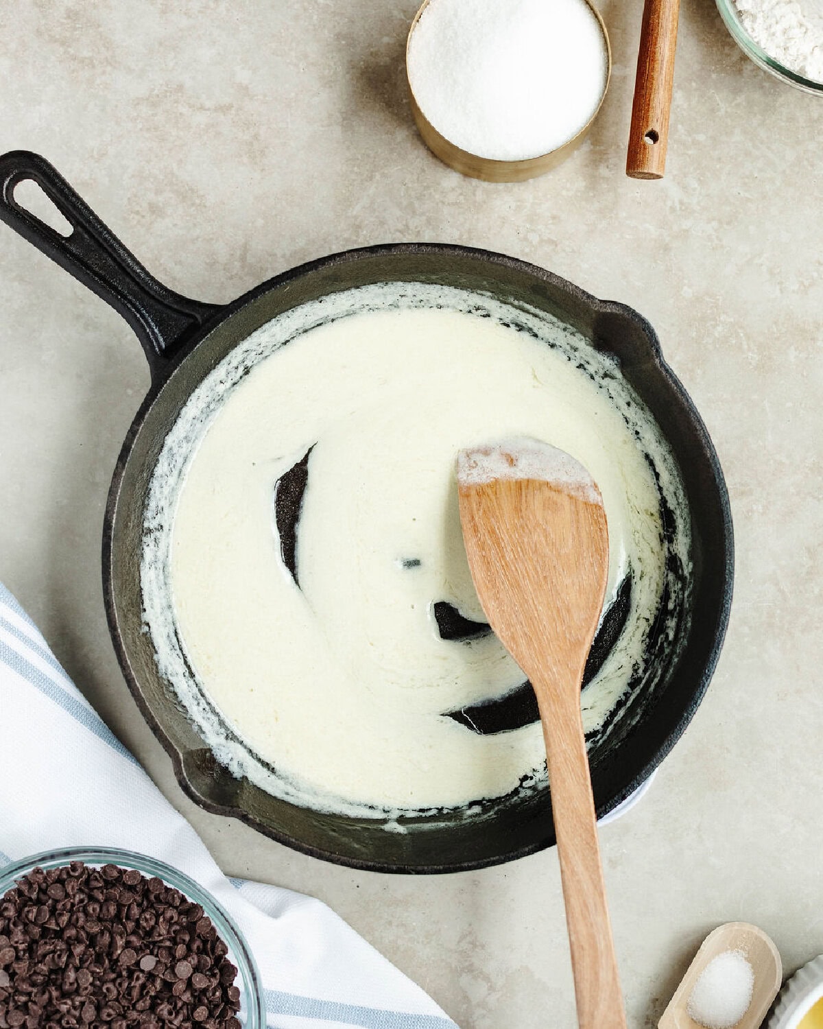 Butter and heavy whipped cream combined in a skillet.