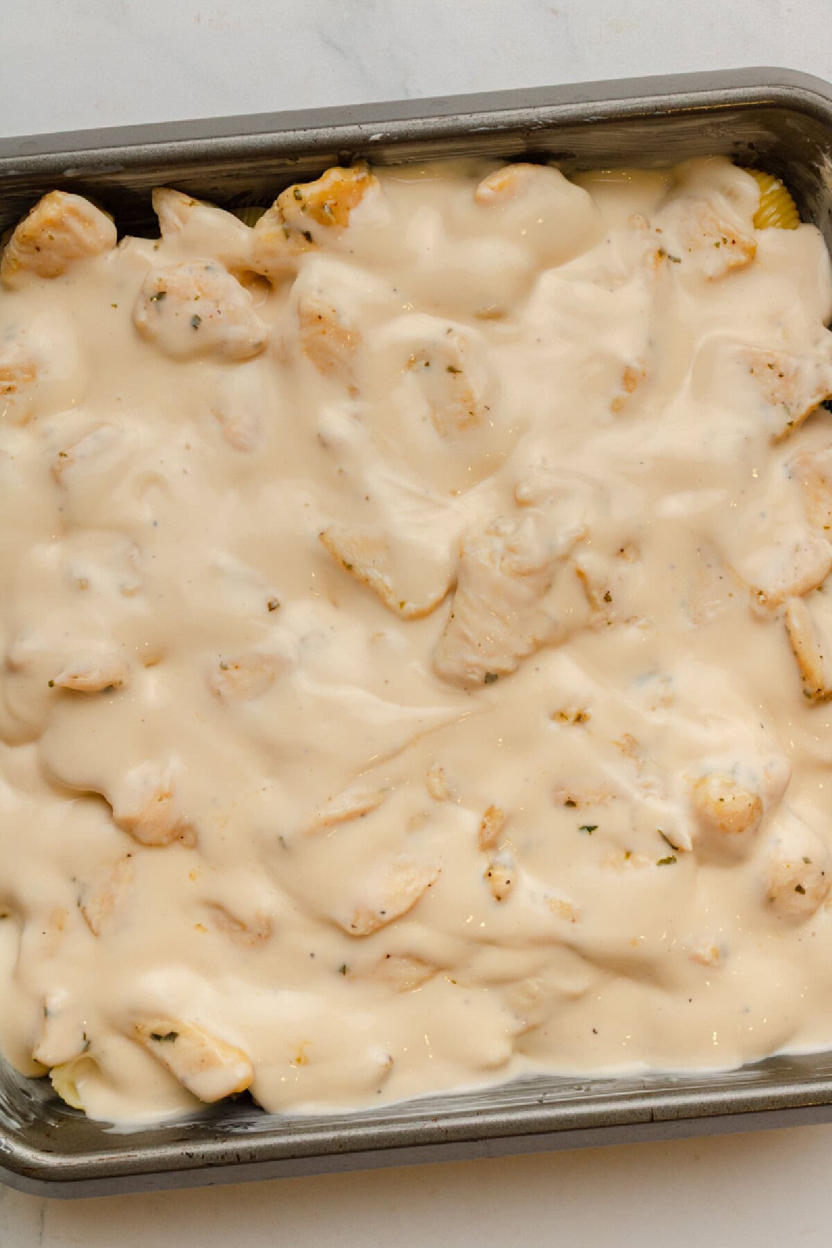 Alfredo sauce coating seasoned chicken and cooked pasta in a baking pan.