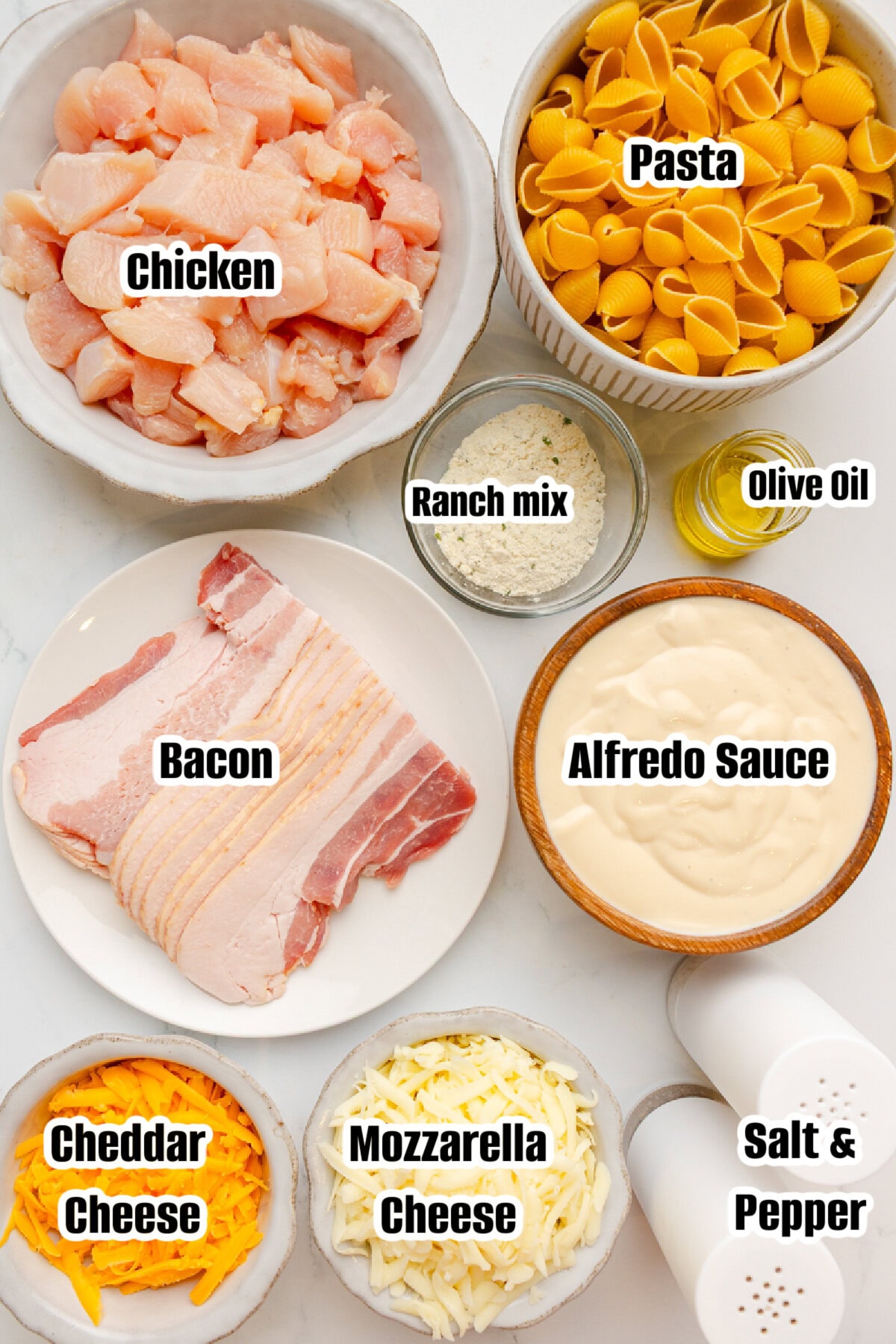 All the ingredients needed to make Chicken Bacon Ranch Casserole.