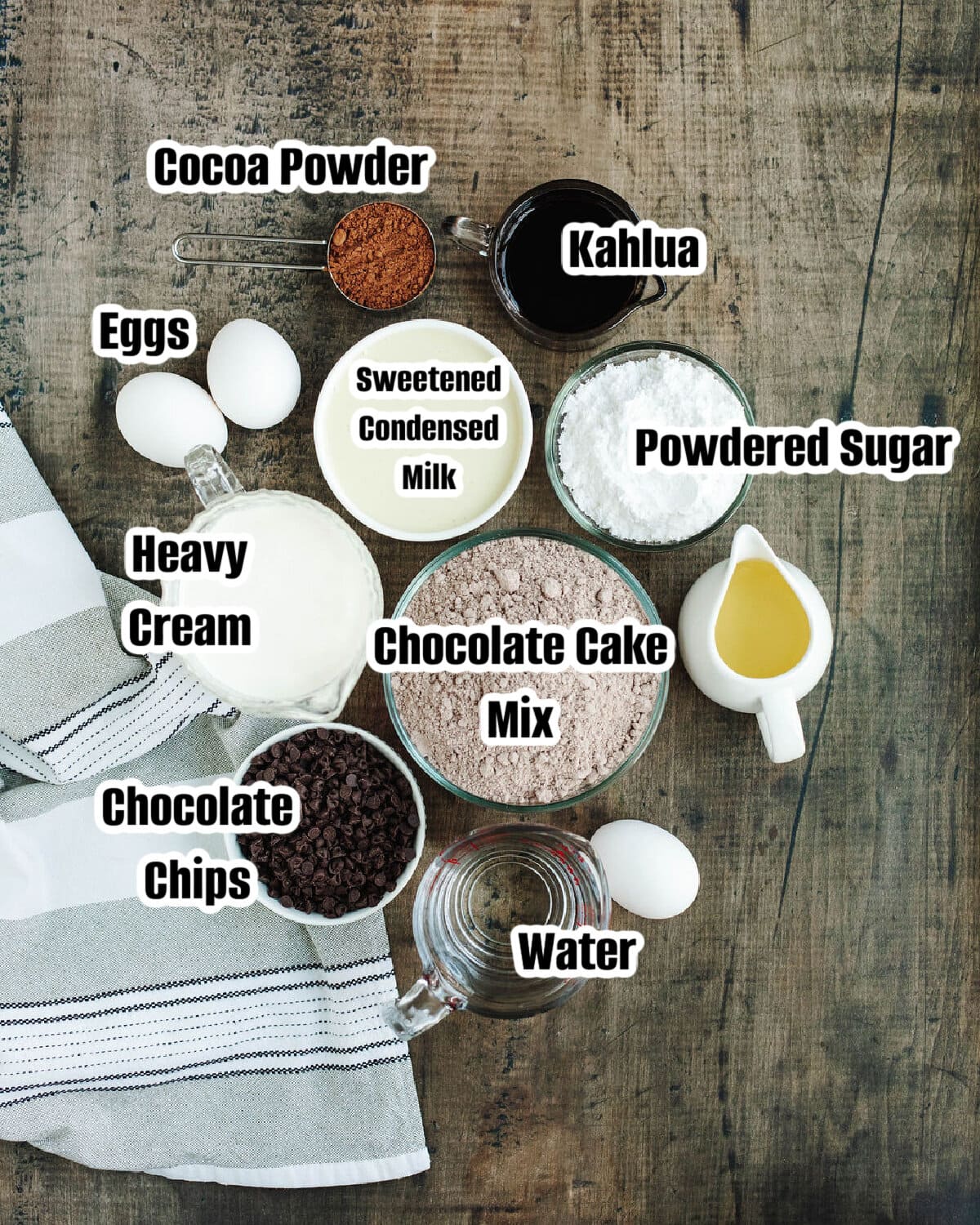 All the ingredients needed to make Chocolate Kahlua Poke Cake.