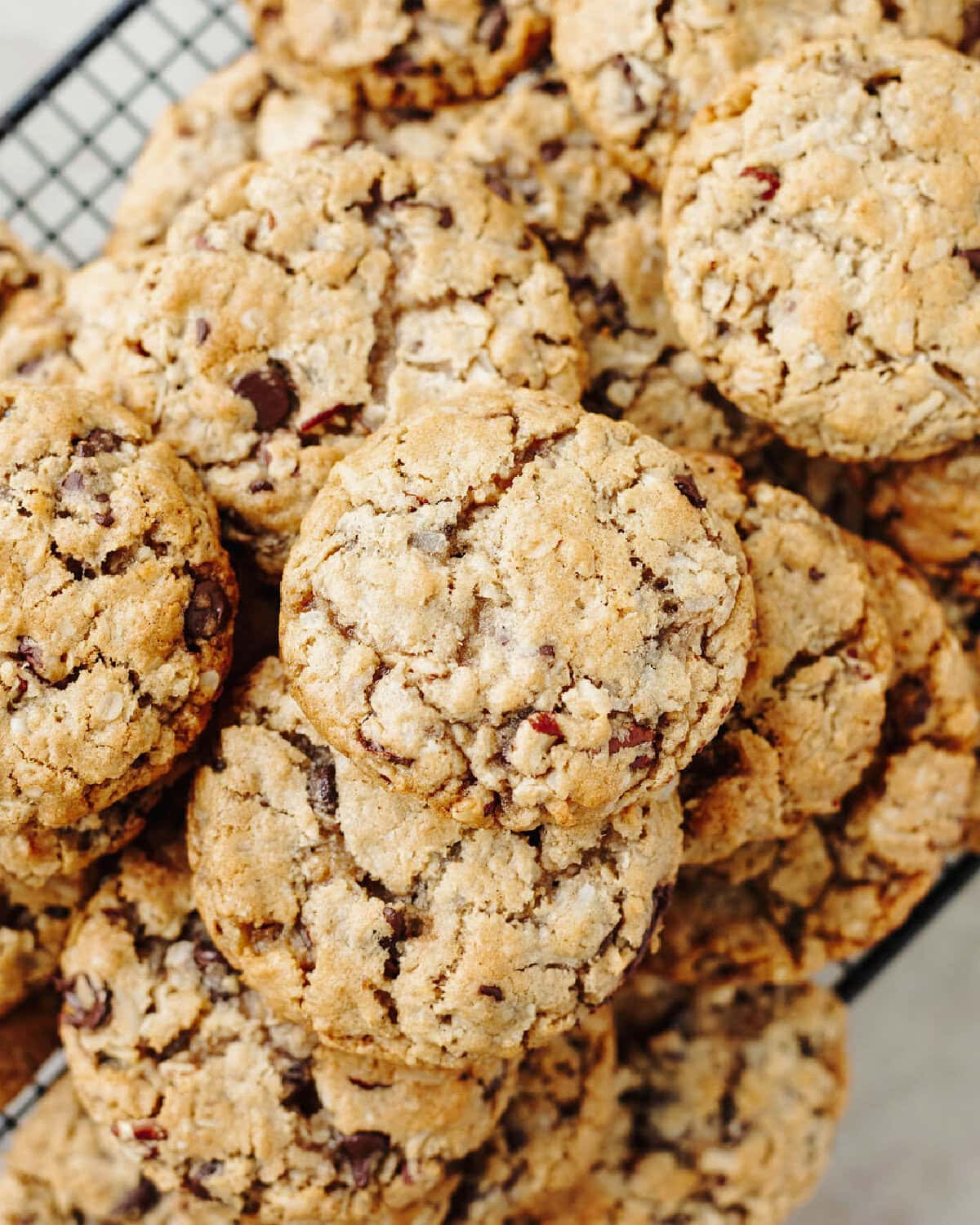 Laura Bush's cowboy cookies baked and cooling on a wire rack.