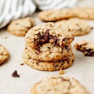 A stack of baked cowboy cookies.
