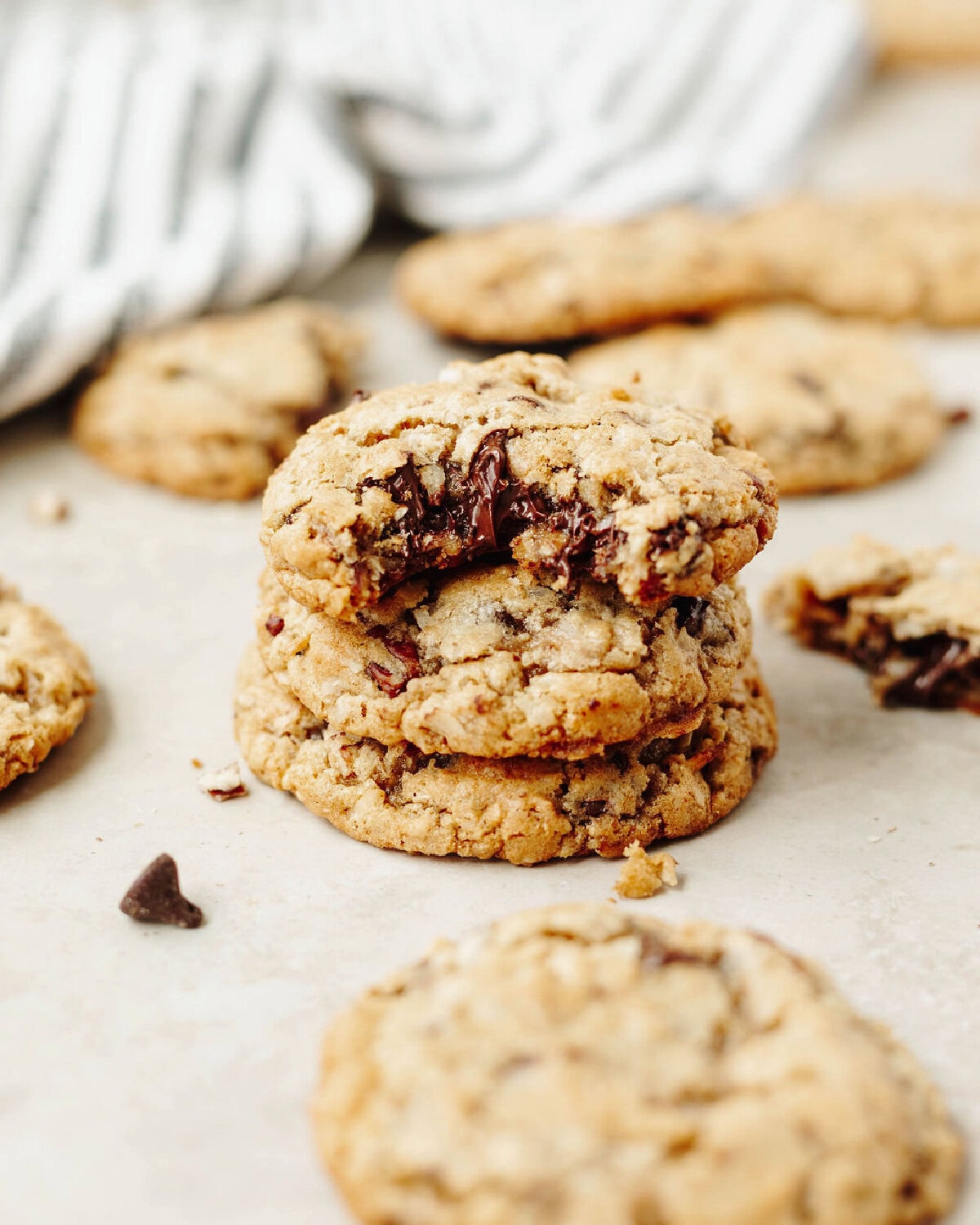 A stack of baked cowboy cookies.