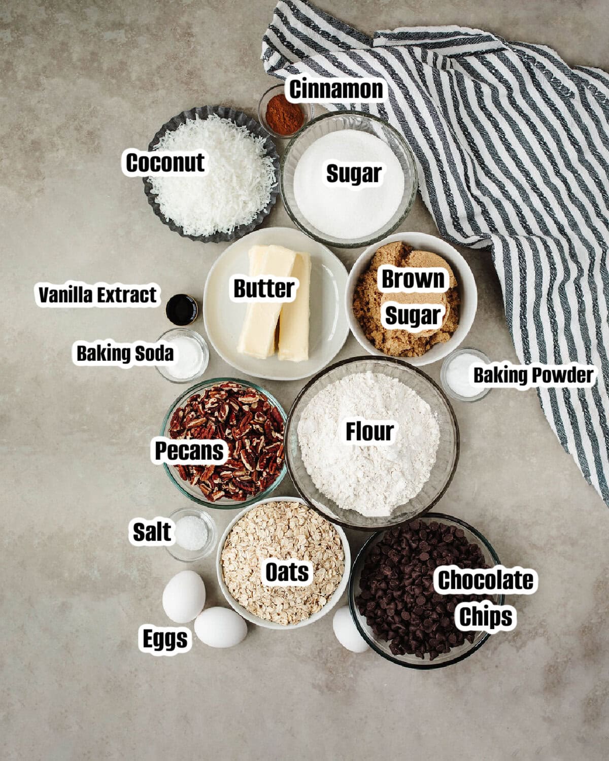 All the ingredients needed to make Laura Bush cowboy cookies recipe.