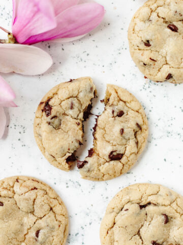 A Disney Gran Floridian Chocolate Chip Cookie broken in half to show the ooey gooey chocolate chips.