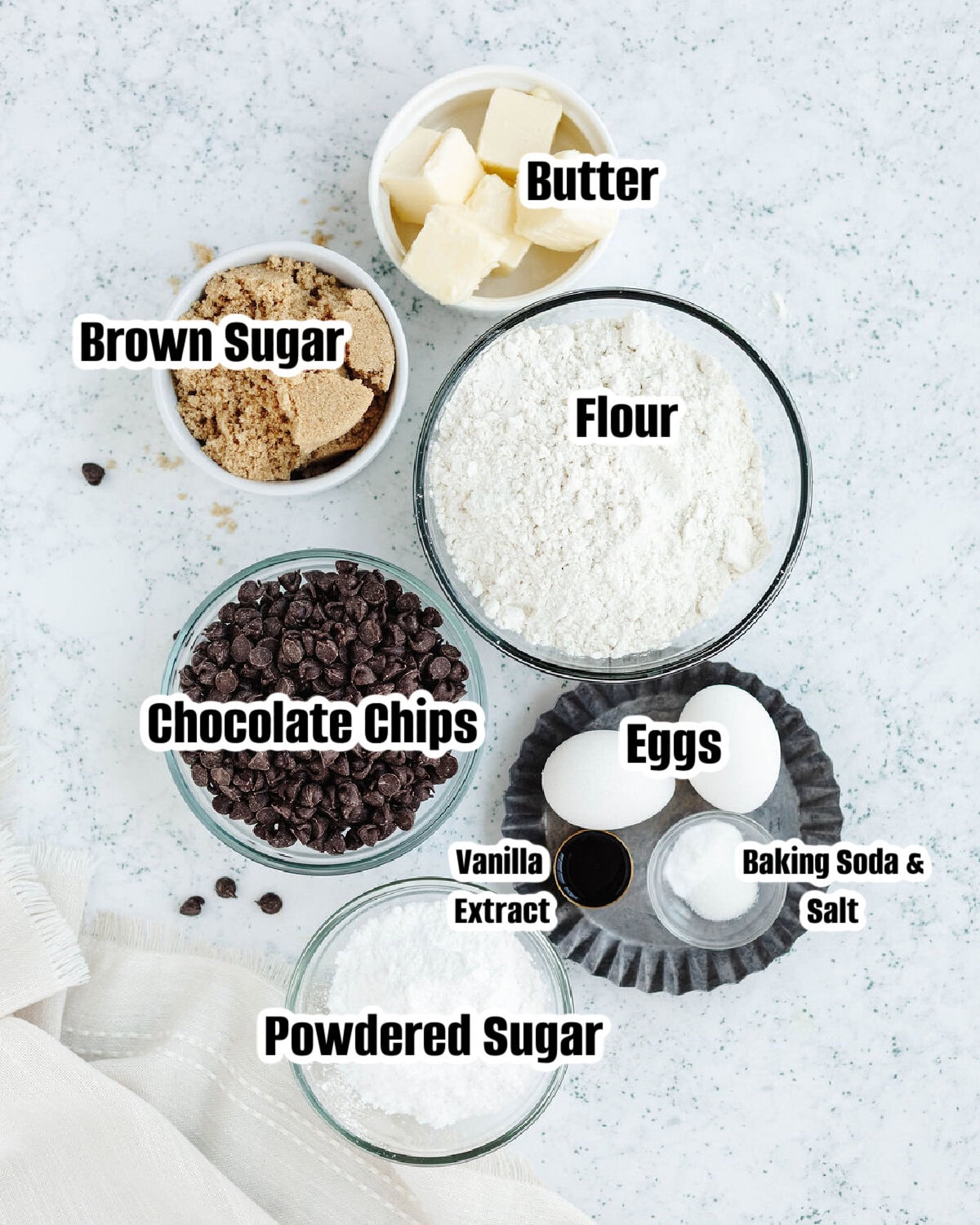All the ingredients needed to make Disney Grand Floridian Chocolate Chip Cookies.