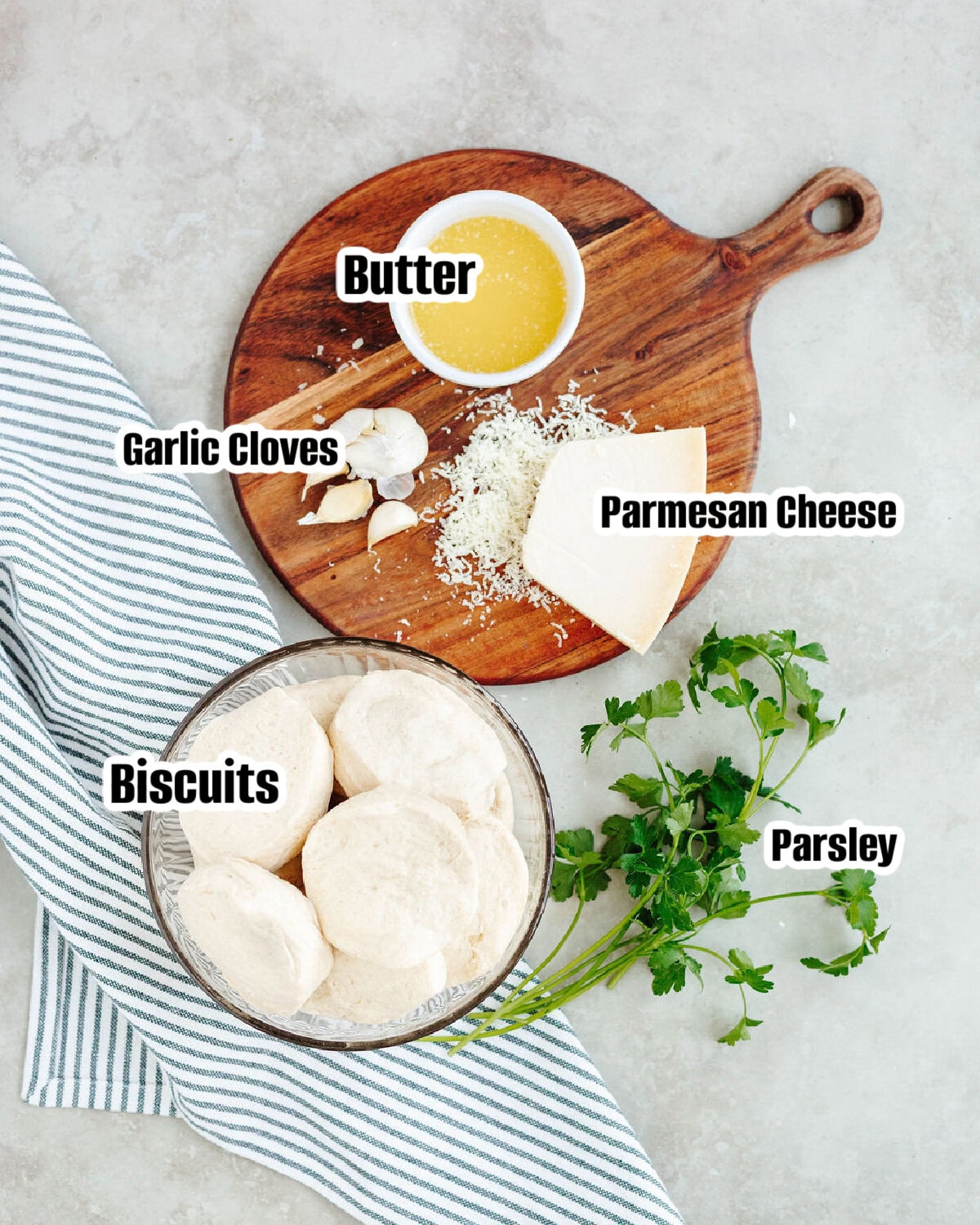 All the ingredients needed to make garlic monkey bread.
