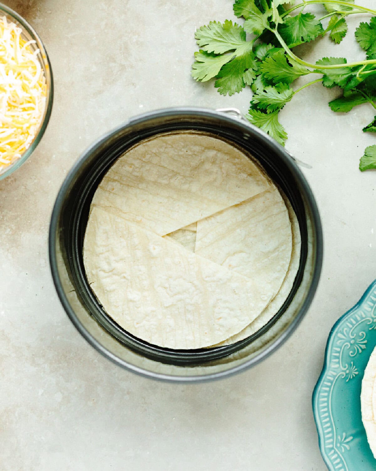 Sliced corn tortillas layered in a spring form pan.