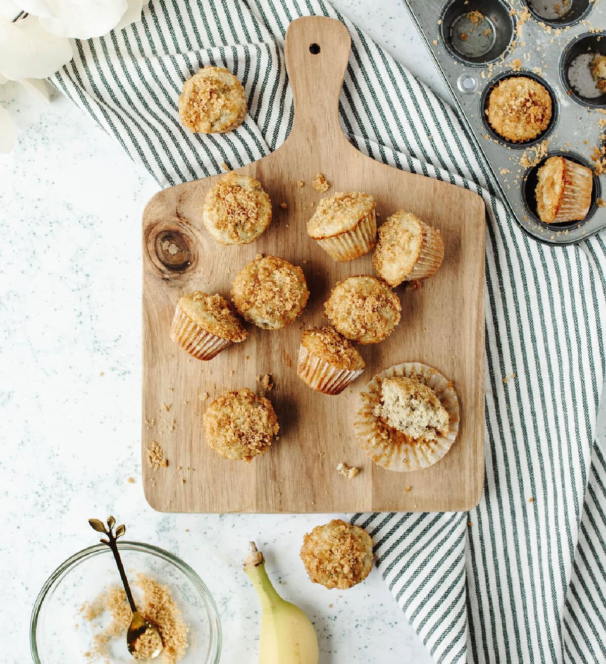 A top down view of baked cinnamon banana mini muffins ready to serve.