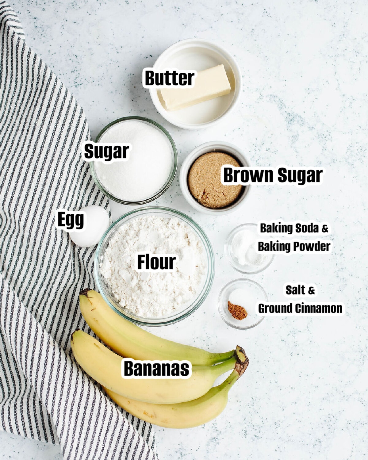 All the ingredients needed to make mini cinnamon banana muffins.
