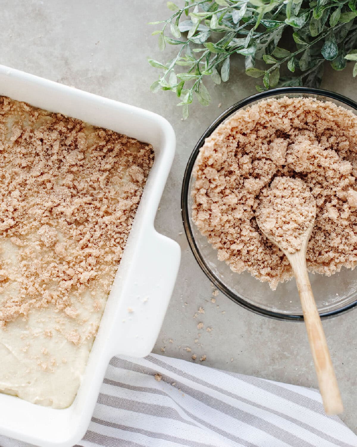 Cinnamon crumb made in a small glass bowl.
