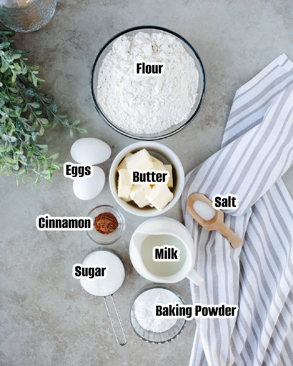 All the ingredients needed to make morning cake from scratch.
