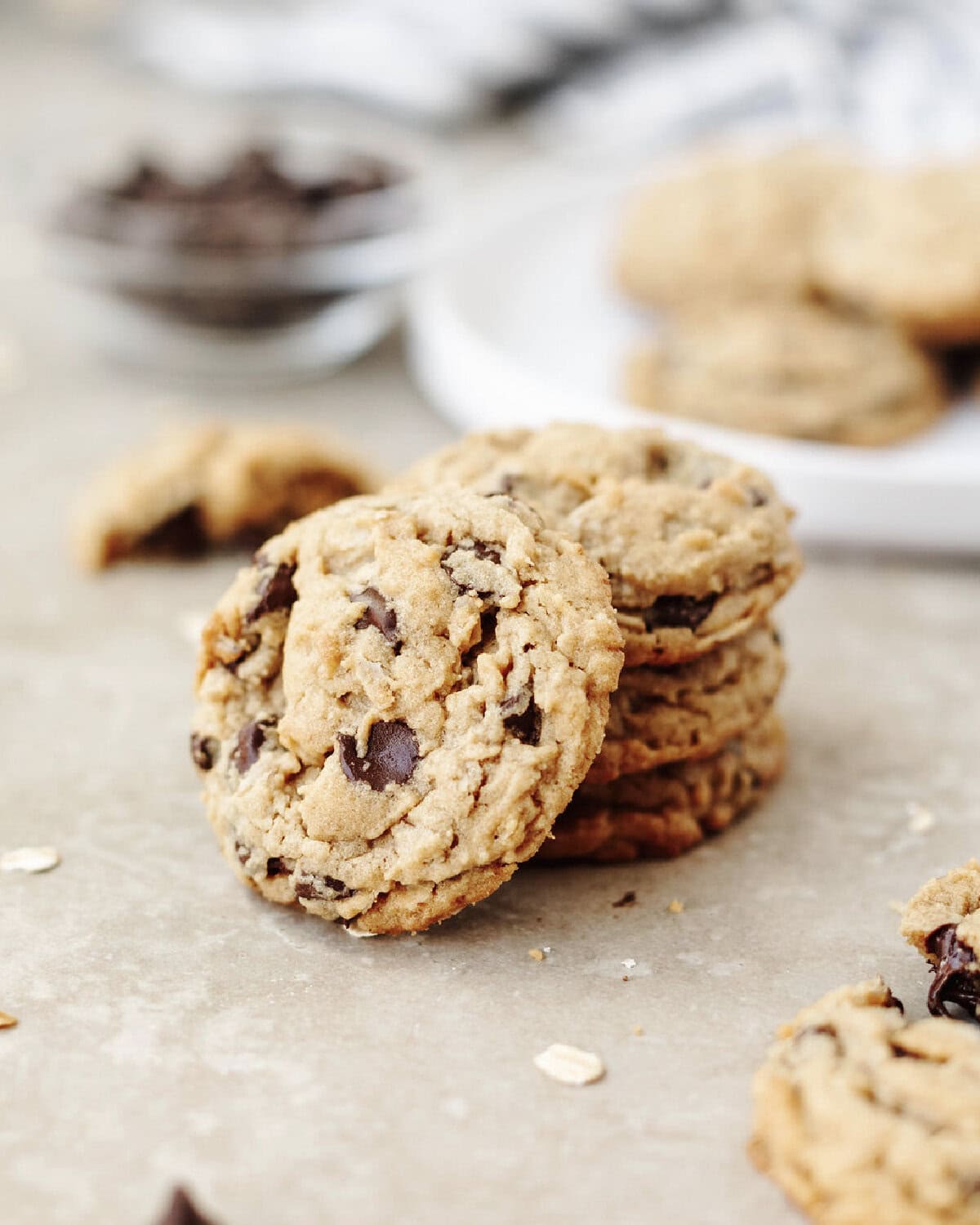 Stacked peanut butter cookies with oatmeal and chocolate chips added.
