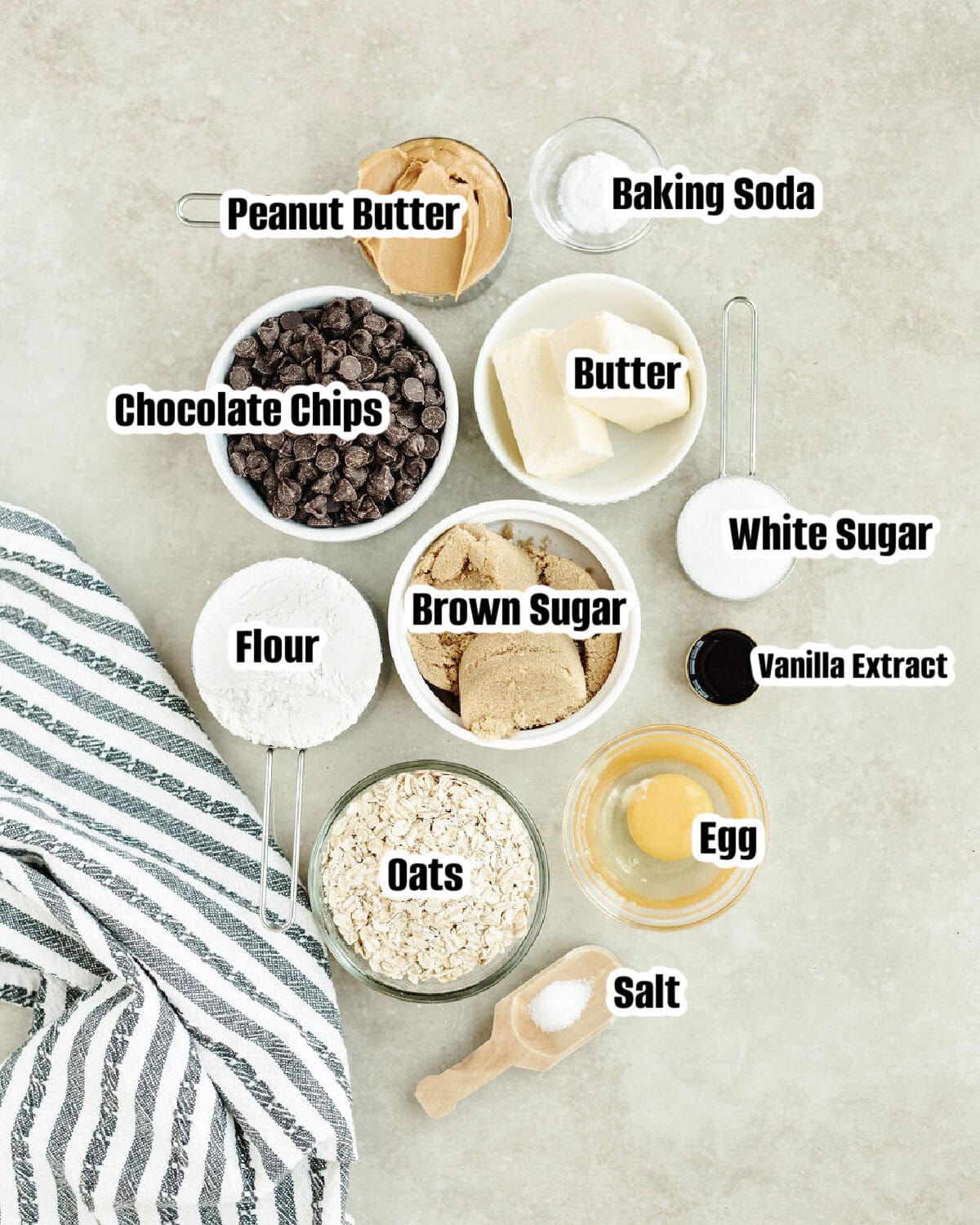 All the ingredients needed to make easy Peanut Butter Oatmeal Chocolate Chip Cookies.