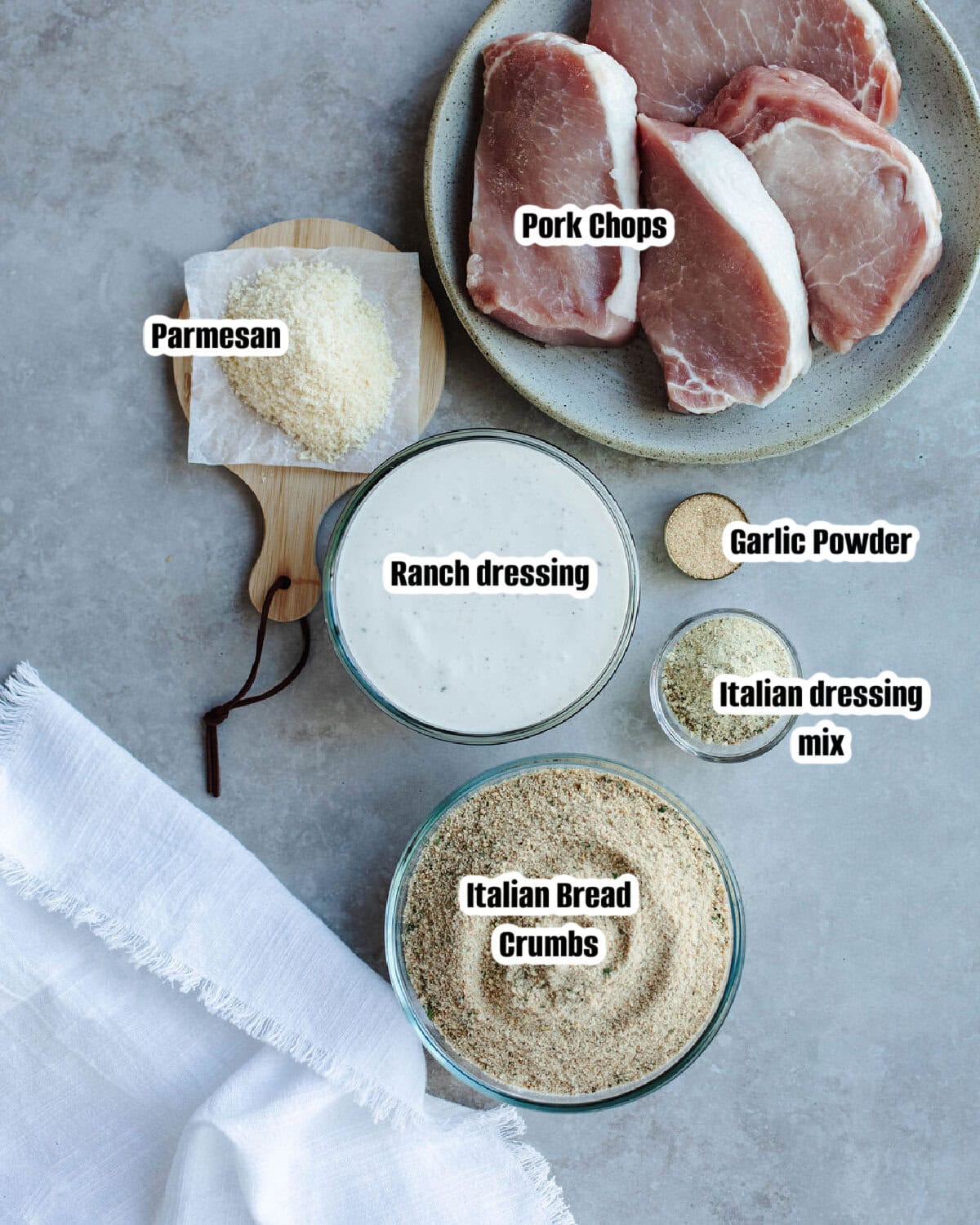 All the ingredients needed to make baked pork chops with a Ranch dressing coating.