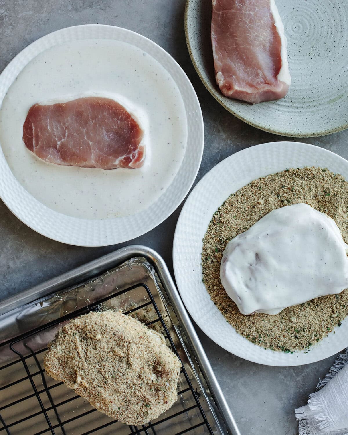 Pork chops dipped in Ranch dressing, then Italian bread crumbs.