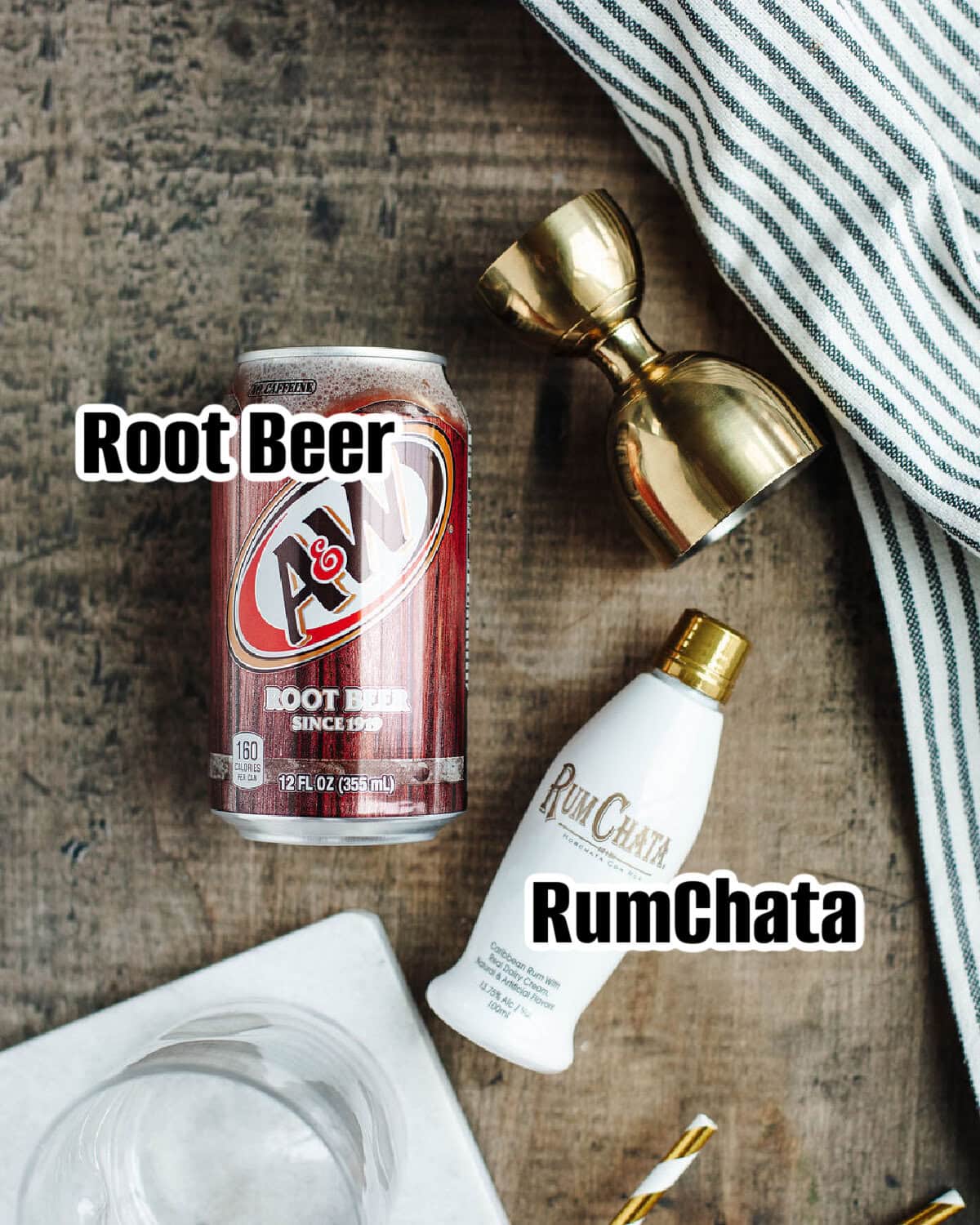 All the ingredients needed to make a creamy RumChata root beer float.