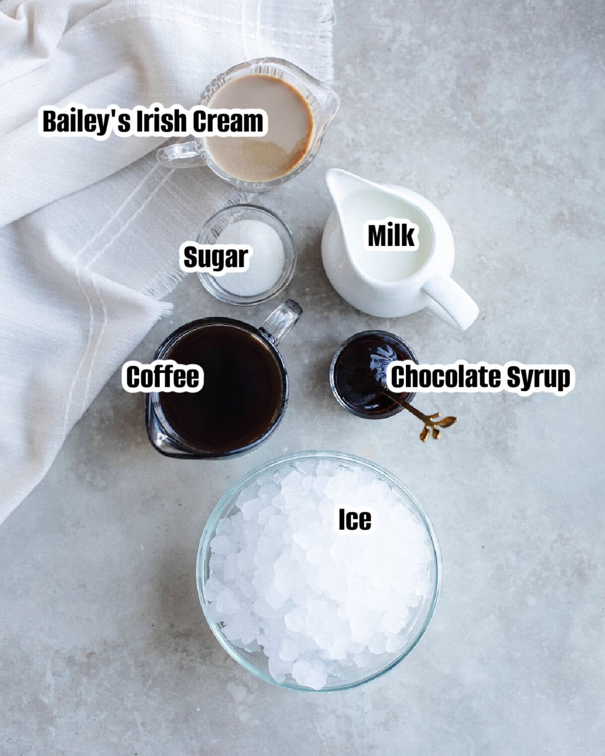 All the ingredients needed to make a Baileys Frappuccino.