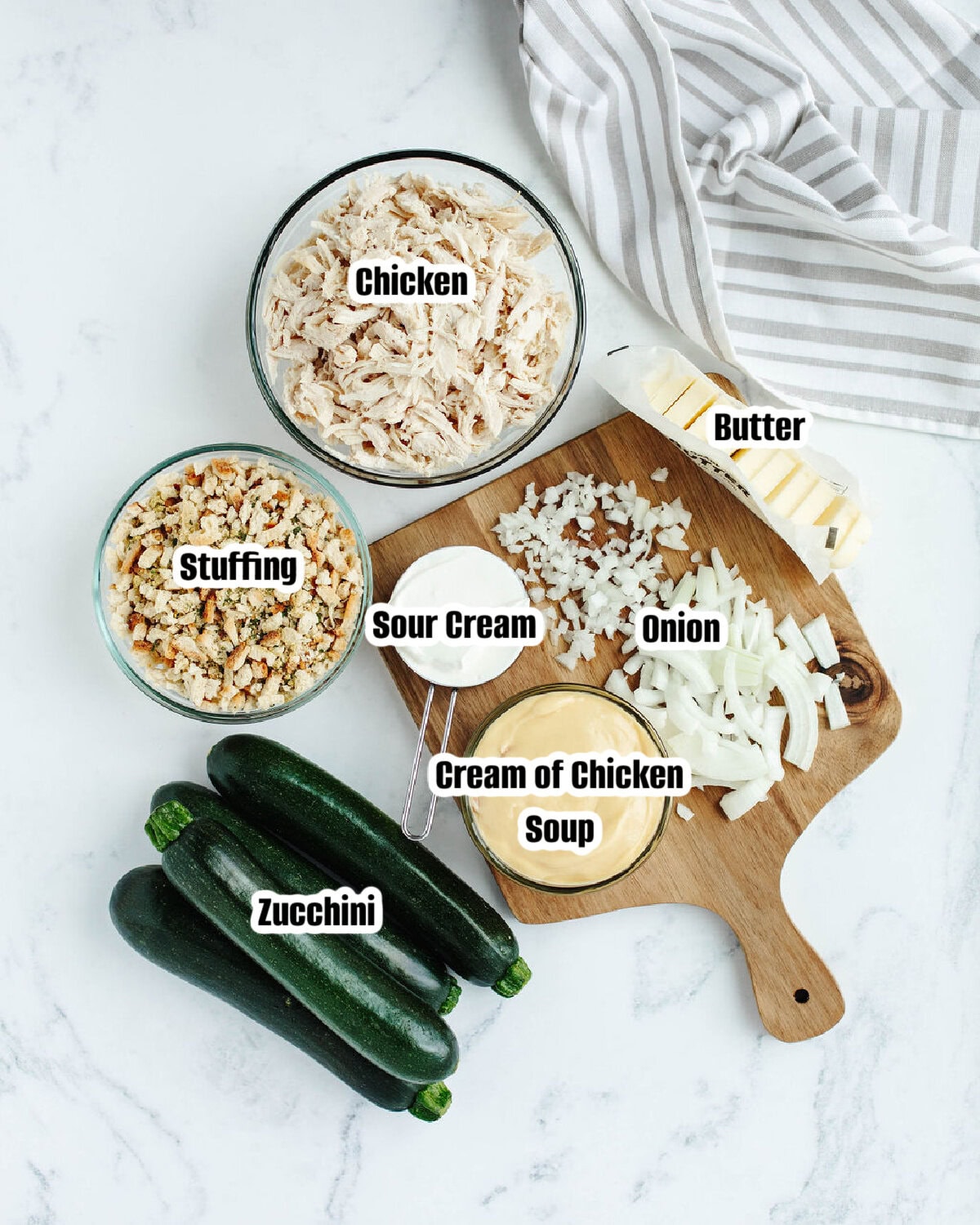 All the ingredients needed to make chicken and zucchini casserole.