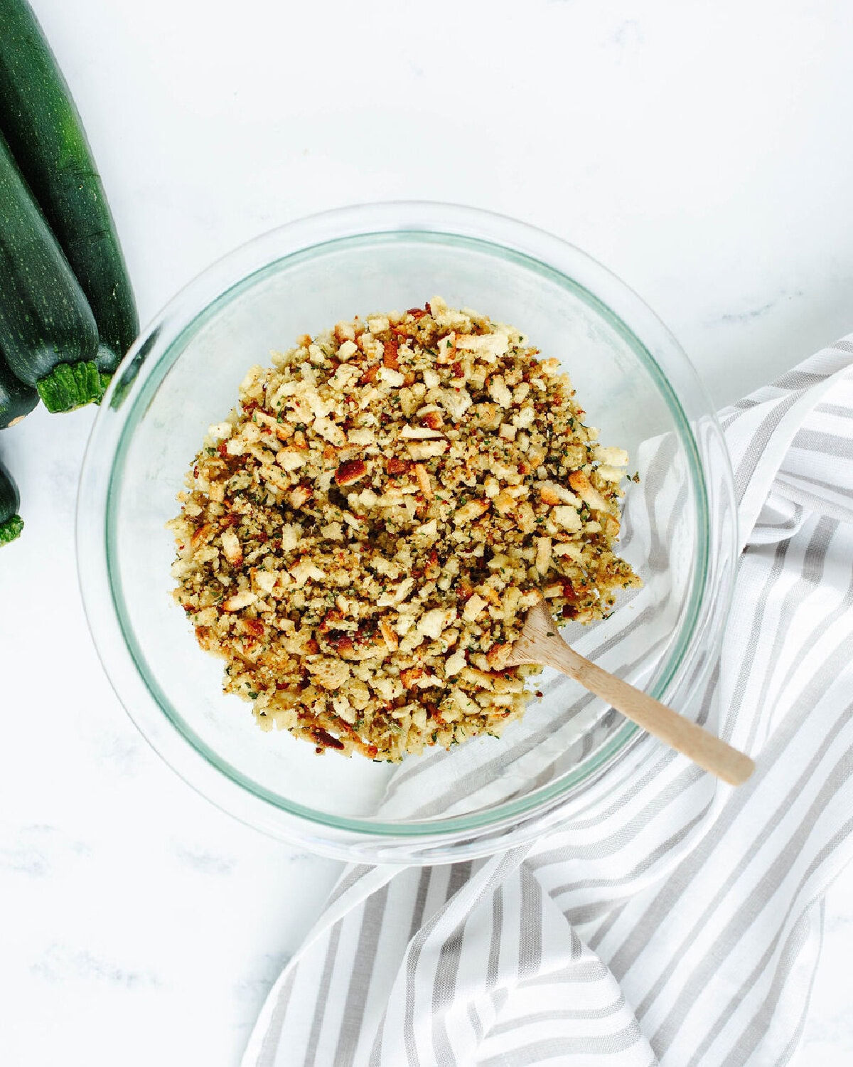 Stuffing prepared in a glass mixing bowl.