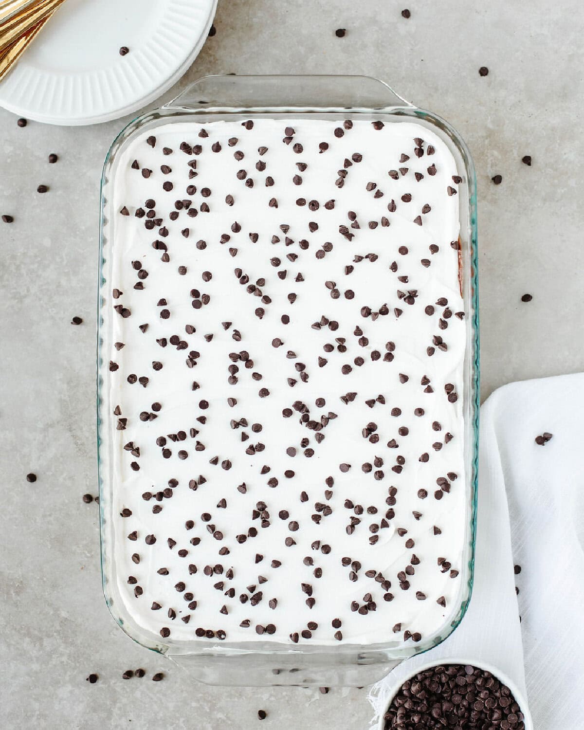 Mini chocolate chips sprinkled on top of a layer of cool whip.