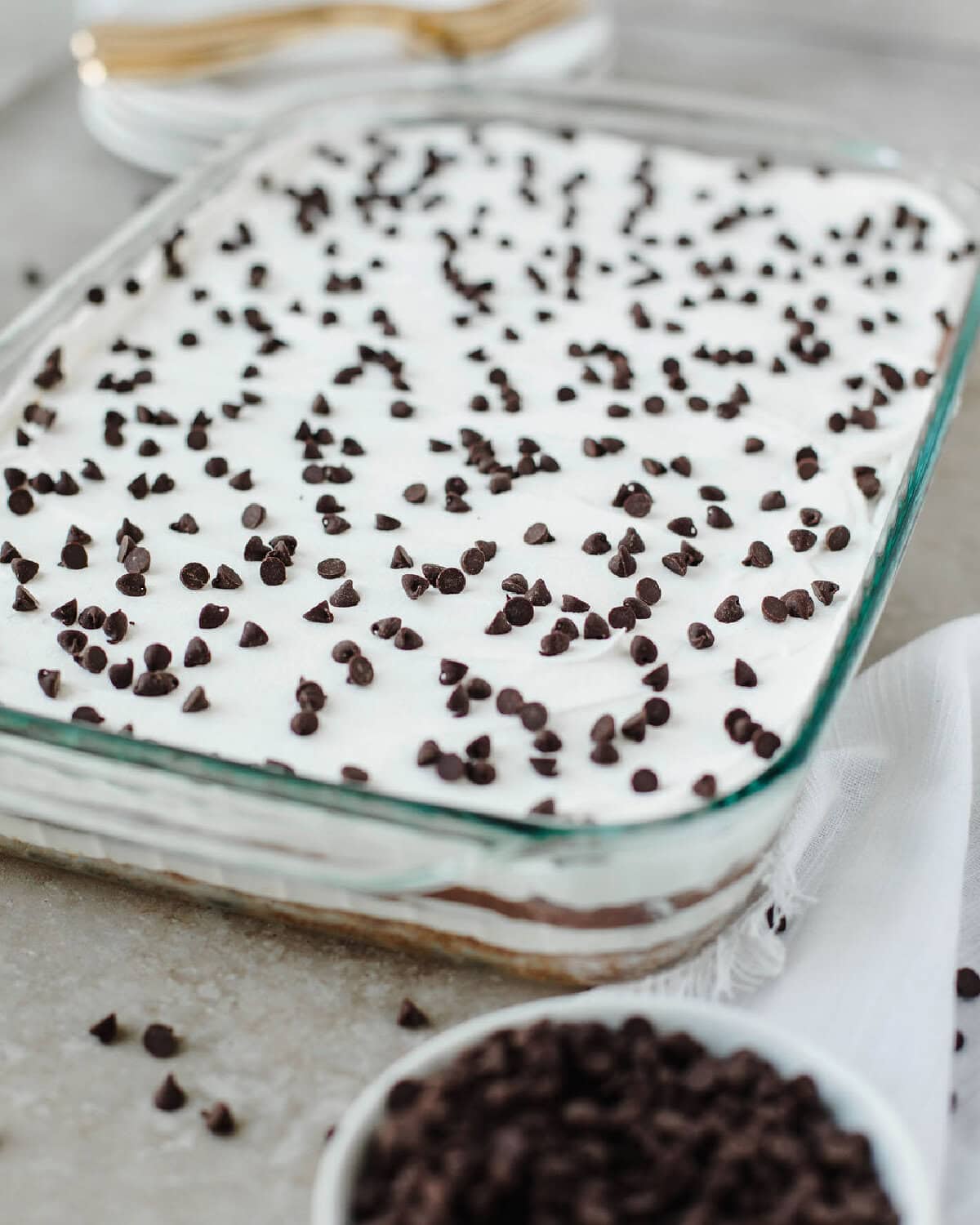 A mini chocolate chip topped pudding cake with a chocolate chip cookie crust in a 9x13 baking dish.
