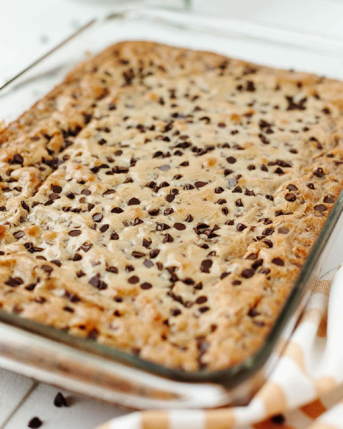 Baked banana chocolate brownies in a glass 9x13 baking pan.