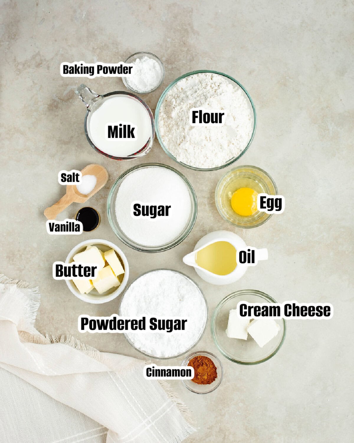 All the ingredients needed to make cinnamon roll quick bread.