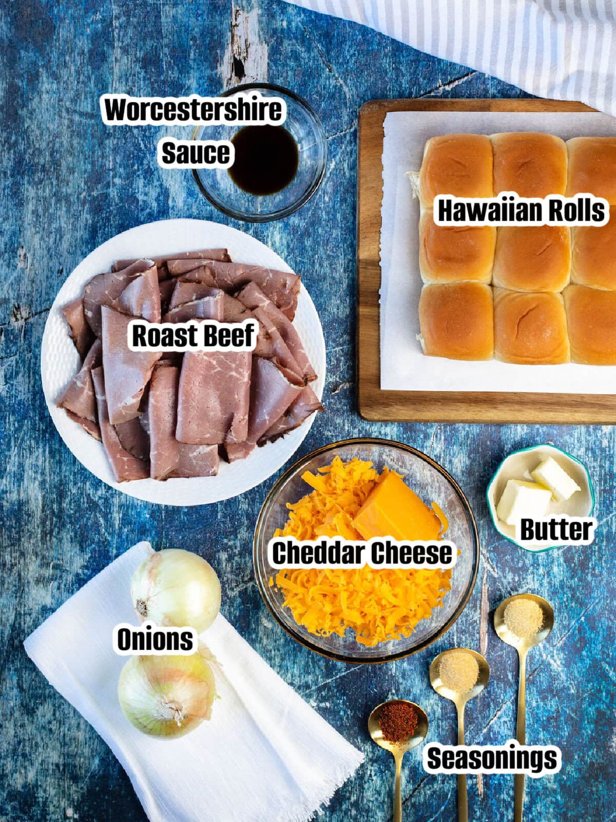 All the ingredients needed to make French onion beef sliders.
