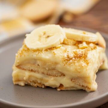 An up close look at homemade banana pudding served on a plate.
