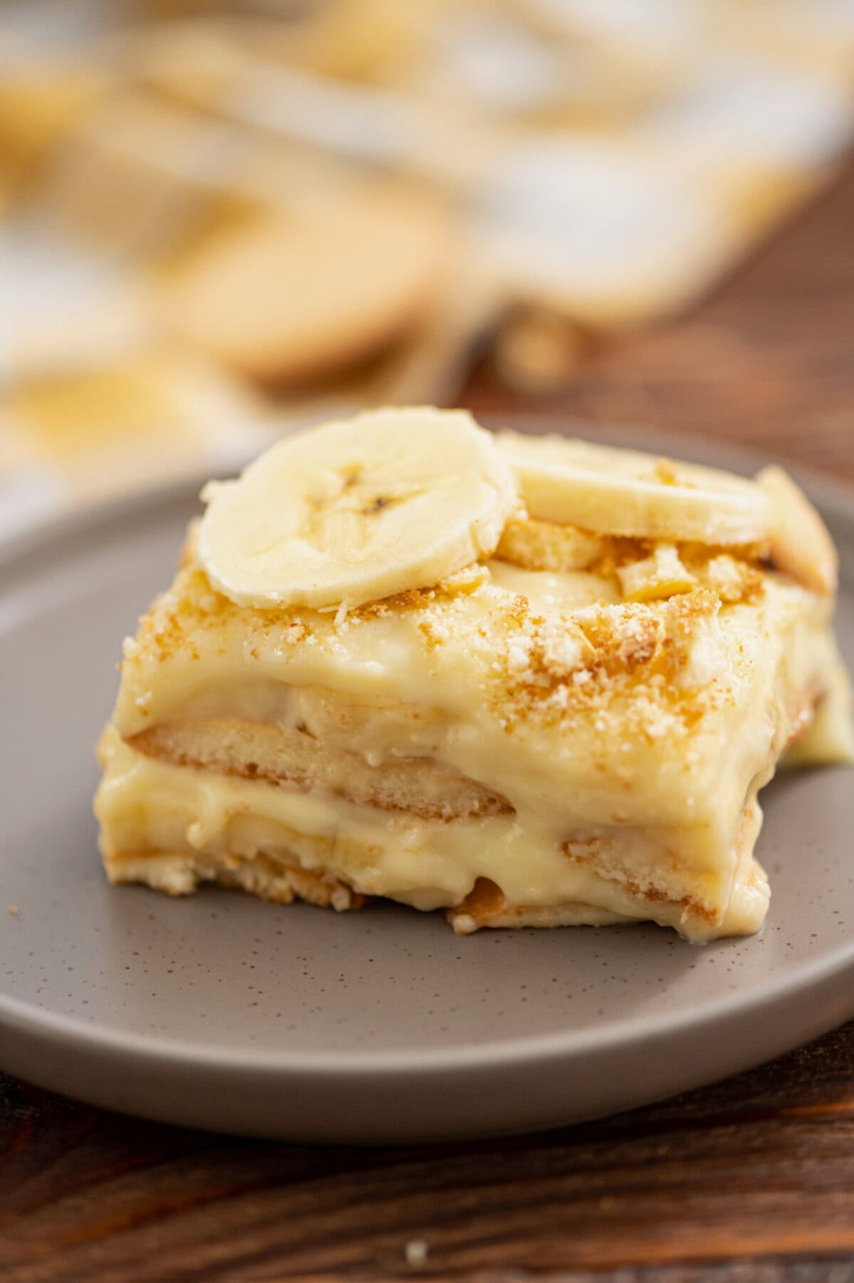 An up close look at homemade banana pudding served on a plate.